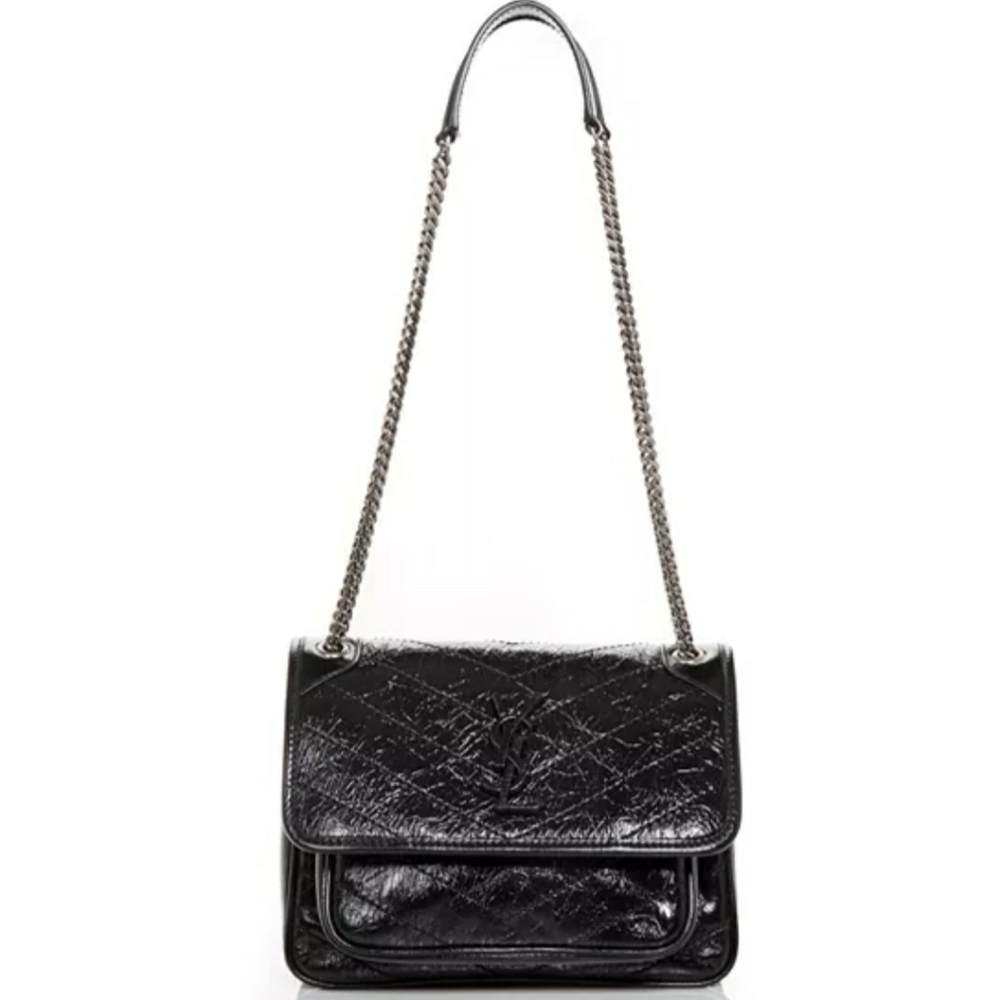 Saint Laurent Monogram Baby Niki Satchel Crinkled Calfskin Black & Silver